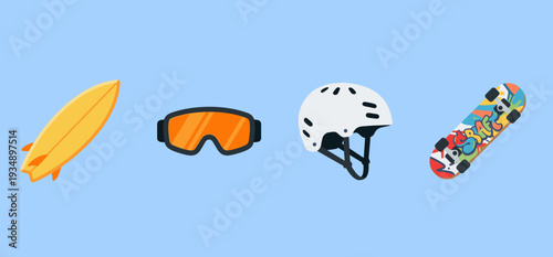 Extreme sports and outdoor adventure equipment set including surfboard, snow goggles, safety helmet and colorful skateboard for active lifestyle.