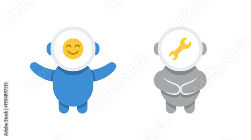 Friendly robot assistant and maintenance bot characters with smiley face and wrench tool icon for customer service and technical support concept.
