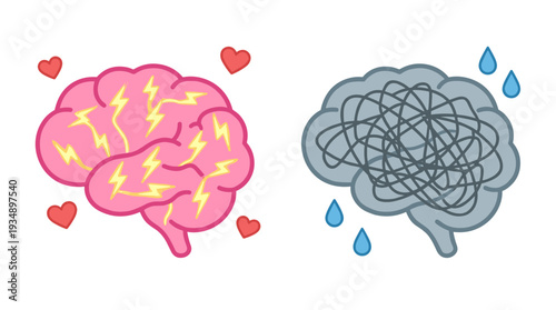 Mental health and emotional state concept comparing a healthy active brain with hearts and a stressed overwhelmed brain with chaotic lines and tears.