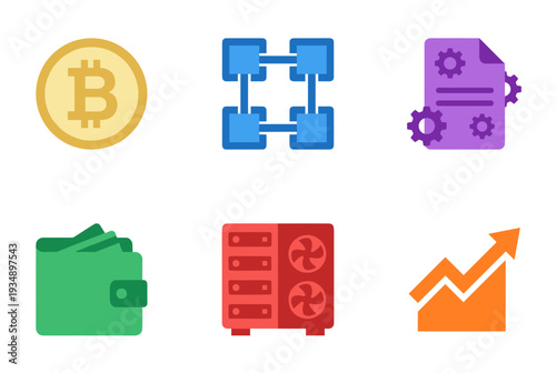 Cryptocurrency and blockchain technology icon set featuring digital coin network server wallet data analysis and smart contract for financial business concepts