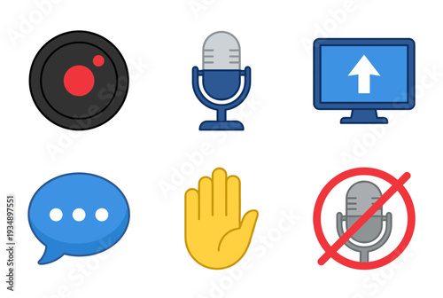 Video conference and online meeting icon set including record button microphone screen sharing chat bubble hand gesture and mute symbol for digital communication