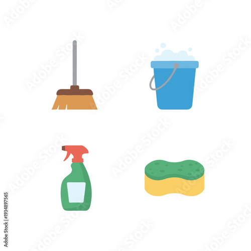 Household cleaning tools set including a broom bucket with soapy water spray bottle and sponge for domestic hygiene and professional housekeeping services