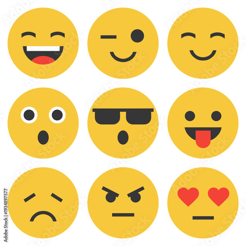 Collection of yellow emoji faces with various expressions including happy winking cool surprised sad angry and heart eyes for social media communication
