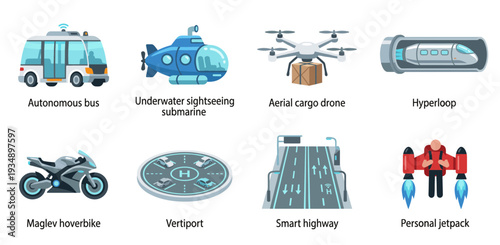 Future transportation and smart city logistics set including autonomous bus submarine cargo drone hyperloop hoverbike vertiport and personal jetpack concept