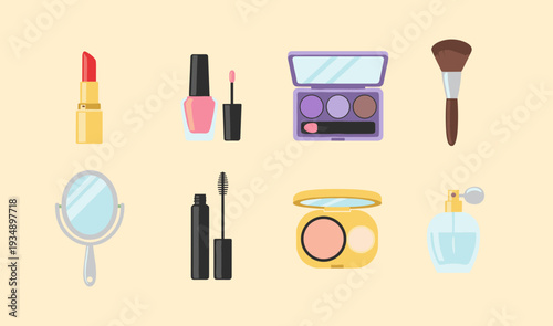 Beauty and makeup products collection including lipstick, nail polish, eyeshadow palette, cosmetic brush, hand mirror, mascara, face powder and perfume.