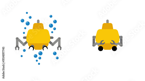 Underwater robotic submersible drone icons showing a deep sea exploration vehicle in active mode with bubbles and in folded storage mode for transport.