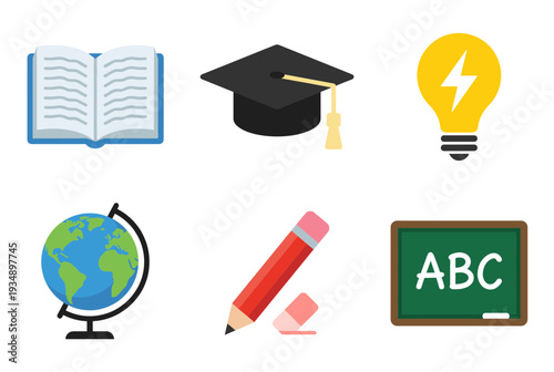 School education icons set with graduation cap globe lightbulb pencil blackboard and open book vector illustrations for back to school concept design