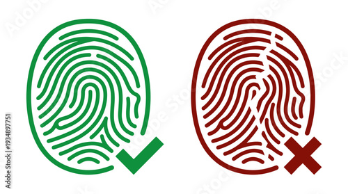 Comparison between a valid green fingerprint scan with a checkmark and an invalid broken red fingerprint with a cross mark for security identification.
