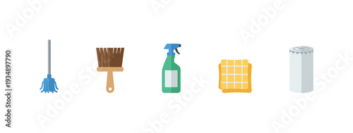 Household cleaning tools and equipment icons set with mop brush spray bottle cloth and paper towel vector illustrations for home hygiene concept