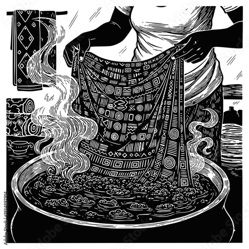 Detailed linocut of a woman dyeing patterned fabric in a steaming pot. Concept for textile art, traditional craftsmanship, batik, and handmade fashion. High-contrast black and white woodcut.