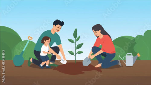 A family, including a father, mother, and child, is actively planting a small tree seedling in the ground outdoors, demonstrating environmental care and family bonding.