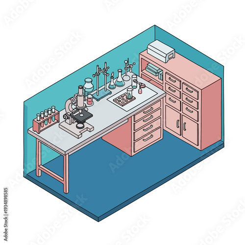 Isometric Laboratory Workspace with Equipment and Storage.
