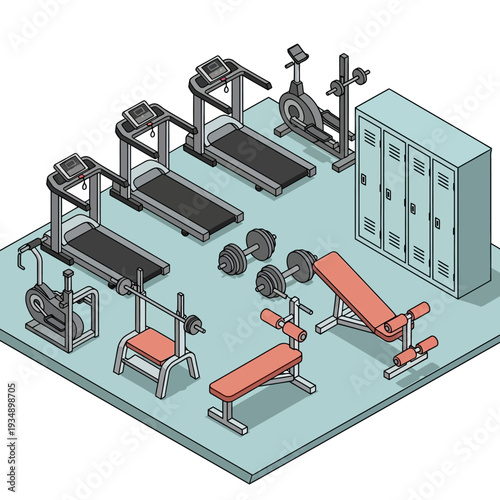 Modern gym equipment setup with treadmills and weights.