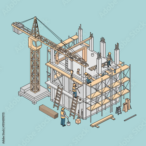 Construction site with workers building a multi-story structure.
