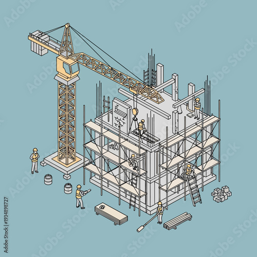 Isometric illustration of a construction site with workers building a multi-story structure.