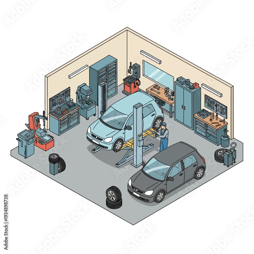 Isometric illustration of a modern car repair garage with vehicles and equipment.