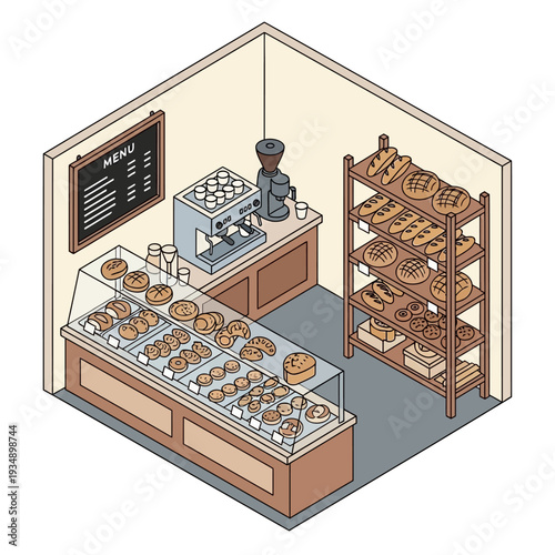 Isometric illustration of a bakery with pastries and bread on display.