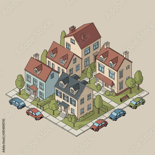 Isometric illustration of a suburban neighborhood with houses and cars.