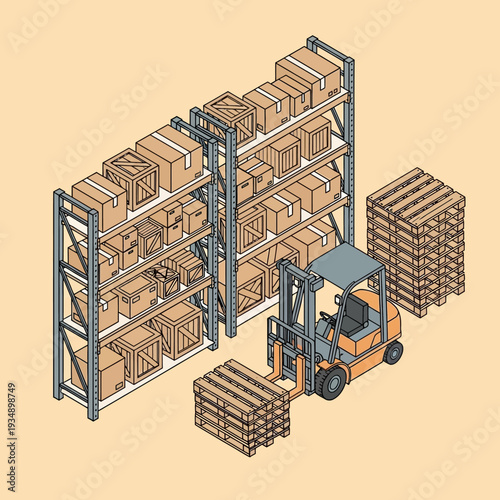 Warehouse storage with forklift and stacked boxes on shelves.