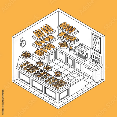 Isometric illustration of a bakery with various pastries on display.
