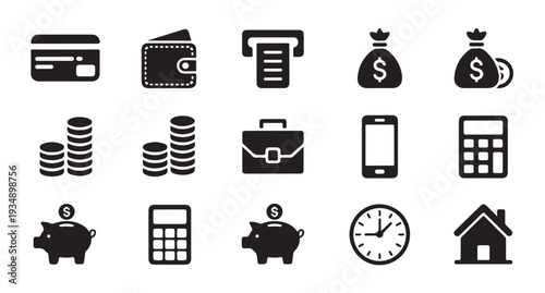 Business and personal finance icon set with money management and banking symbols collection