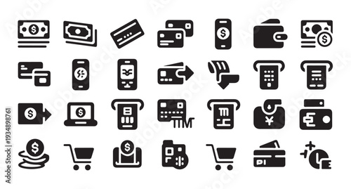 Mobile banking and electronic payment system icons for retail commerce and money transfers