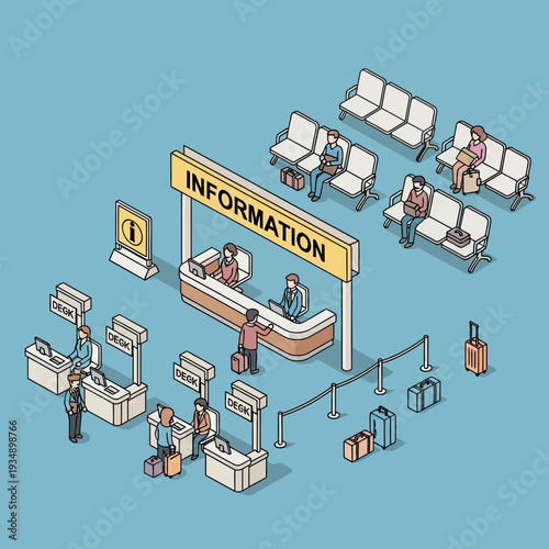 Isometric illustration of an airport terminal with check-in counters and information desk.