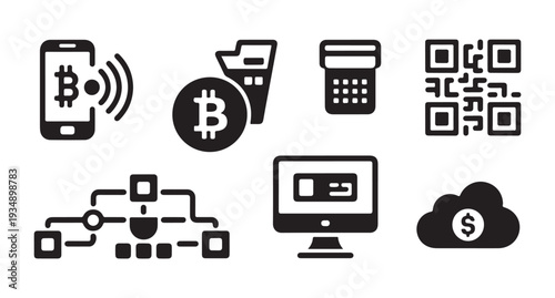 Cryptocurrency and digital payment methods vector icons in glyph style for web or print