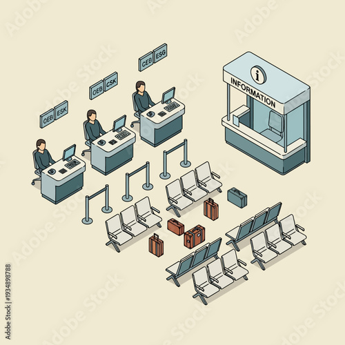 Isometric illustration of an airport security checkpoint with travelers and security personnel.