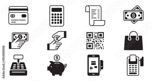 Financial service icons including credit cards piggy banks cash registers and dollar bills