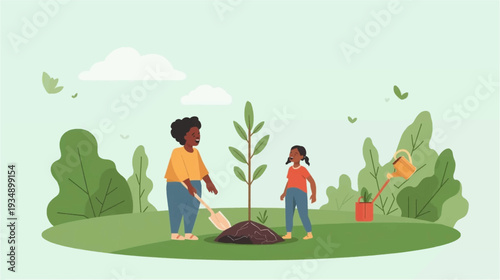 An adult and a child planting a young tree together in a lush green park, promoting environmental care and community gardening.