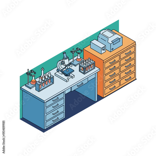 Isometric Laboratory Workstation with Equipment and Storage.