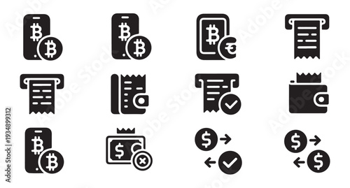 Digital payment and cryptocurrency icons in black