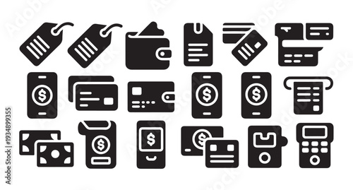 Modern mobile payment and digital wallet icons featuring card transactions and money symbols