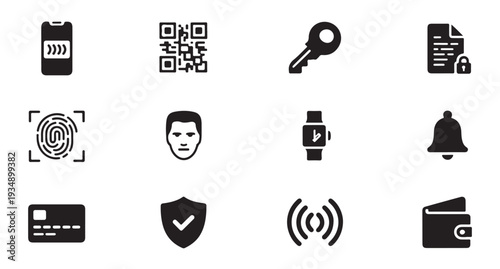 Cyber security and identity verification icons including biometric scan qr code and security