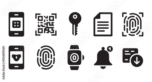 Digital authentication icons featuring fingerprint scan qr code mobile security and smart tech