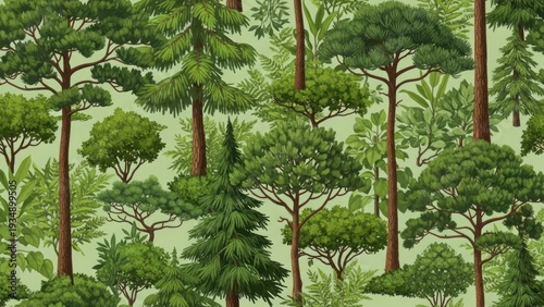 Variety of tree illustrations in a repeat pattern for design background