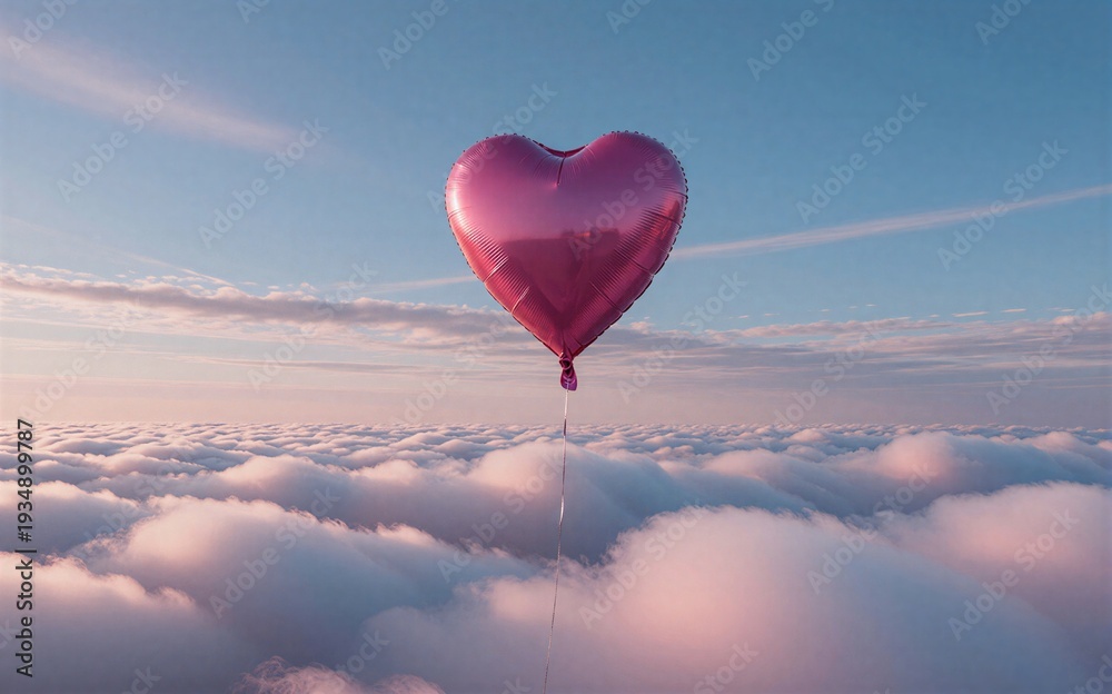 Fototapeta premium Pink heart balloon floats above fluffy clouds at serene sunrise sky.