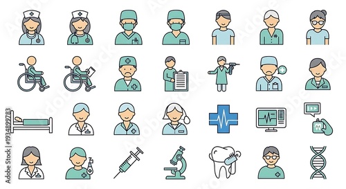 A set of cartoon business people icons featuring a diverse group of men, women, and professional characters in flat vector illustration design for avatar and job profile use