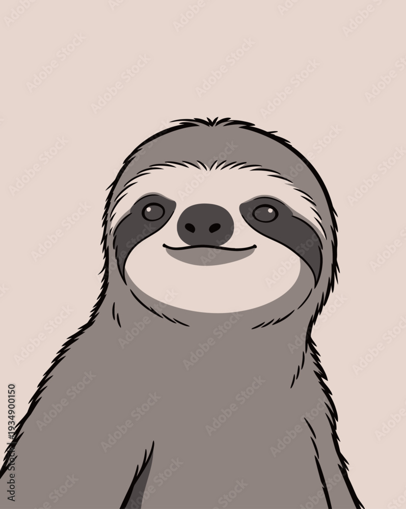 Fototapeta premium A sloth character with a friendly smile is shown against a plain background. The design is simple and focuses on the sloth's face.