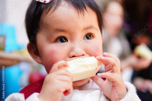 Close-up portrait of a cute Asian toddler girl eating sugarcane. Adorable child enjoying a natural sweet snack and showing determined expression.