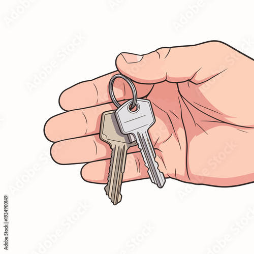 A hand extends out to show two keys hanging on a ring. The scene takes place in a simple indoor area during the day.