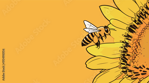 A bee lands on a sunflower in a vibrant yellow background. The scene shows nature and life in a clear and simple way.