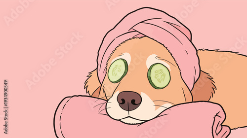 A dog lies on a soft blanket with cucumber slices on its eyes. It has a towel wrapped around its head and looks restful on a pink backdrop.
