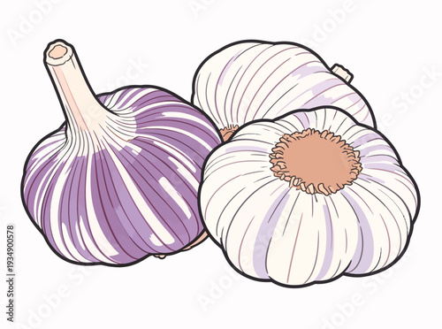 Three garlic bulbs show distinct colors and shapes, sitting together on a flat surface. The garlic has a mix of white and purple outer skins.