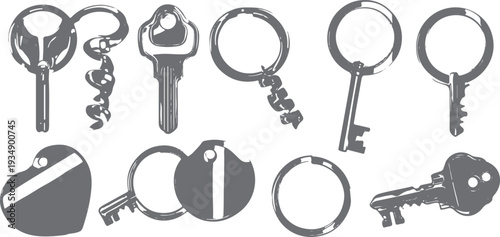 Collection of various grey keys and keychains lock