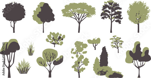 Collection of stylized trees and grass in muted green and dark gray