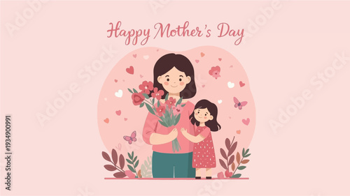 An illustration of a loving mother holding flowers and her daughter hugging her, celebrating Mother's Day with a pink background.