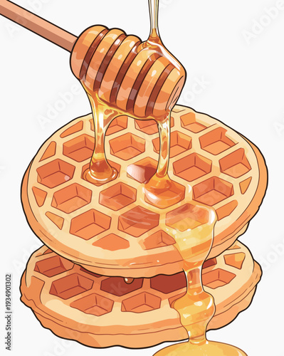 A wooden honey dipper drizzles honey over two stacked waffles, creating a sweet breakfast scene during morning hours.