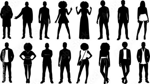 Vector silhouettes man and women, illustration. Silhouettes of young people posing in casual clothes. Transparent background EPS version.